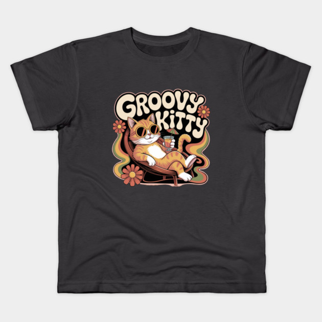 Groovy Kitty - Retro 1970s Cartoon Cat Kids T-Shirt by Vintage Retro Prints by RDR Design