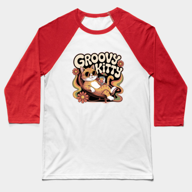 Groovy Kitty - Retro 1970s Cartoon Cat Baseball T-Shirt by Vintage Retro Prints by RDR Design