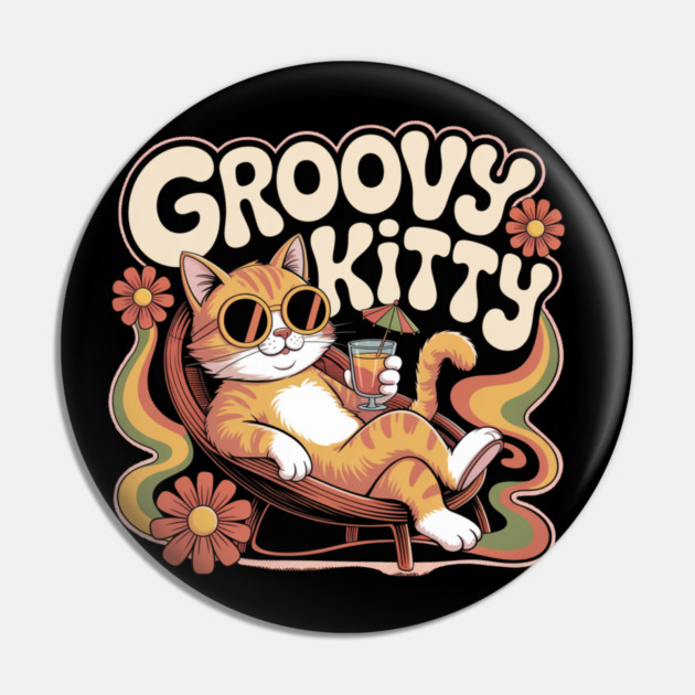 Groovy Kitty - Retro 1970s Cartoon Cat Pin by Vintage Retro Prints by RDR Design
