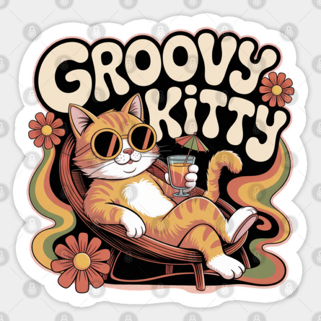 Groovy Kitty - Retro 1970s Cartoon Cat Sticker by Vintage Retro Prints by RDR Design