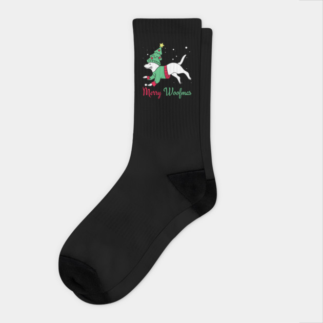 Merry Woofmas Jumping Dog Christmas Tree Costume Socks by Creatifly Graphic Tees