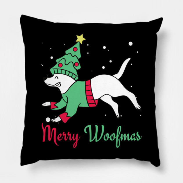 Merry Woofmas Jumping Dog Christmas Tree Costume Pillow by Creatifly Graphic Tees