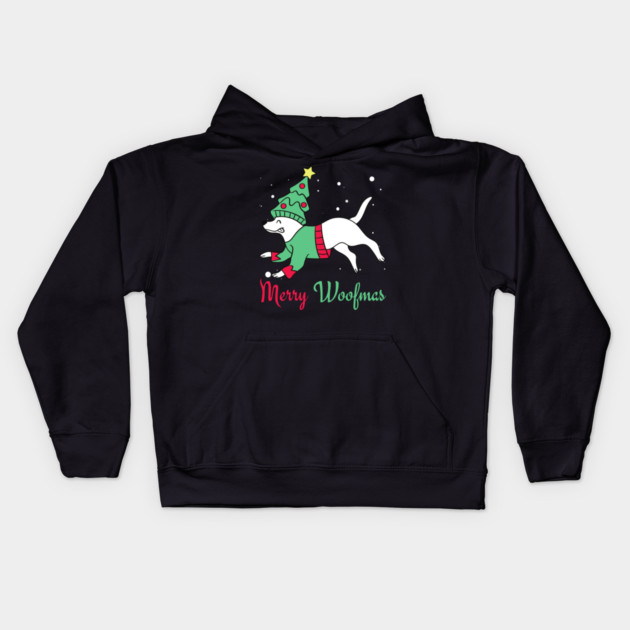 Merry Woofmas Jumping Dog Christmas Tree Costume Kids Hoodie by Creatifly Graphic Tees