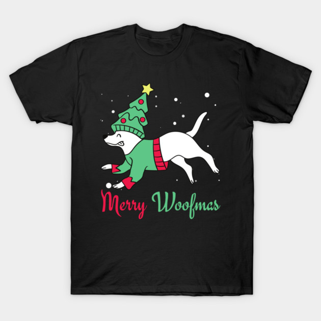 Merry Woofmas Jumping Dog Christmas Tree Costume T-Shirt by Creatifly Graphic Tees