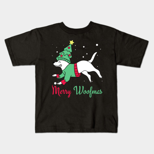 Merry Woofmas Jumping Dog Christmas Tree Costume Kids T-Shirt by Creatifly Graphic Tees