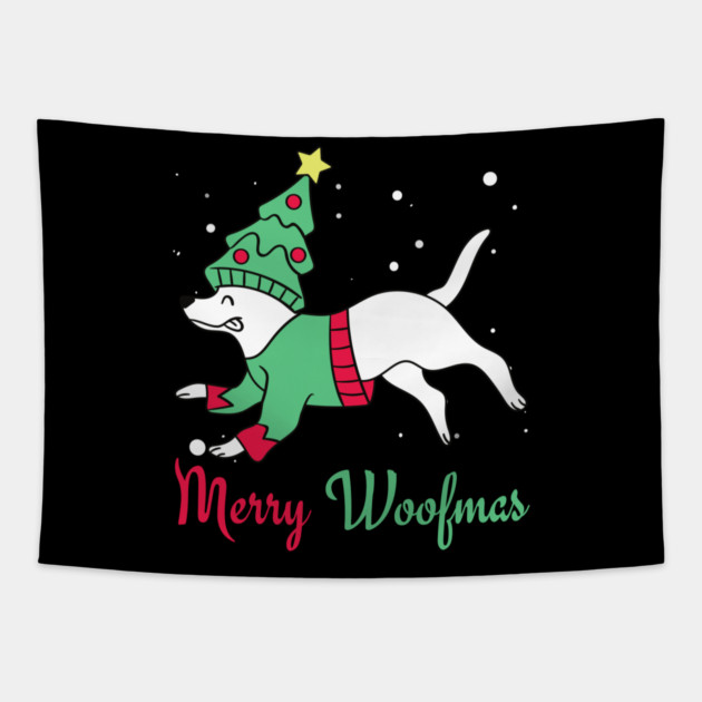 Merry Woofmas Jumping Dog Christmas Tree Costume Tapestry by Creatifly Graphic Tees
