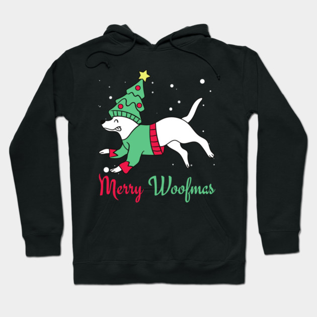 Merry Woofmas Jumping Dog Christmas Tree Costume Hoodie by Creatifly Graphic Tees