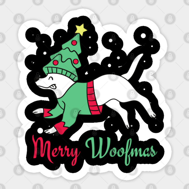 Merry Woofmas Jumping Dog Christmas Tree Costume Sticker by Creatifly Graphic Tees