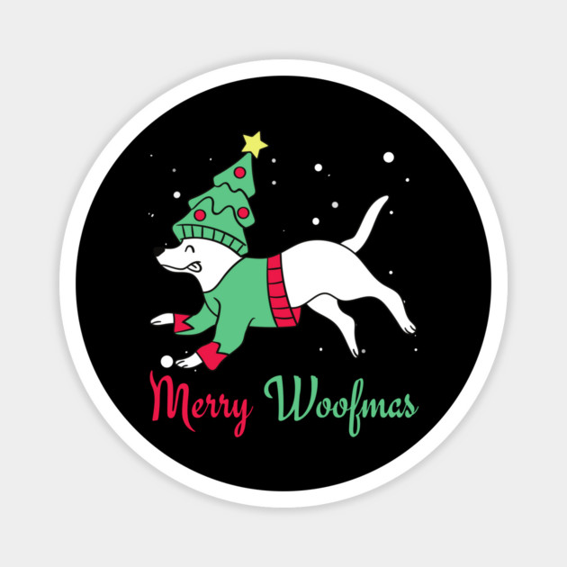 Merry Woofmas Jumping Dog Christmas Tree Costume Magnet by Creatifly Graphic Tees