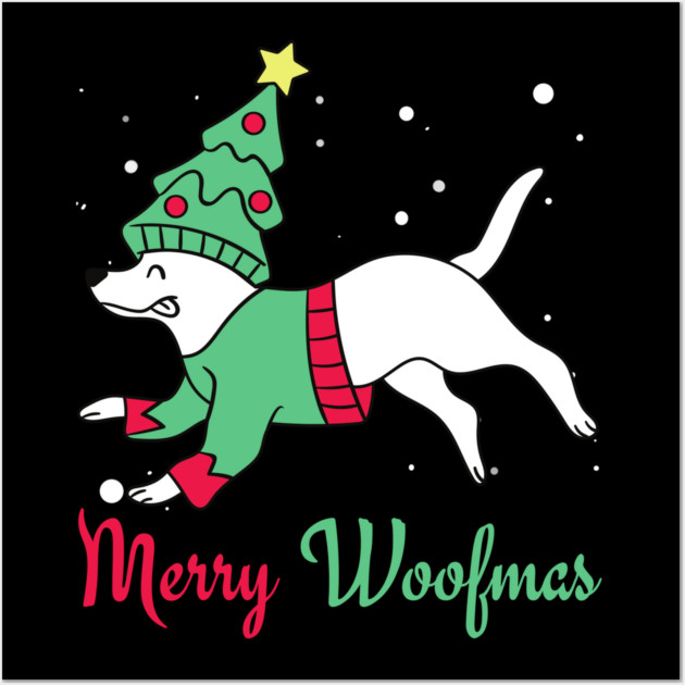 Merry Woofmas Jumping Dog Christmas Tree Costume Wall Art by Creatifly Graphic Tees