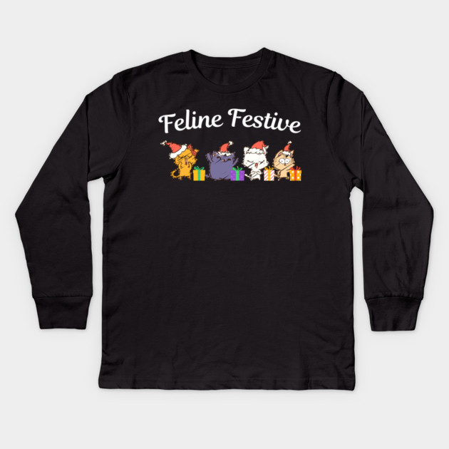 Feline Festive Christmas Cats With Gifts Kids Long Sleeve T-Shirt by Creatifly Graphic Tees