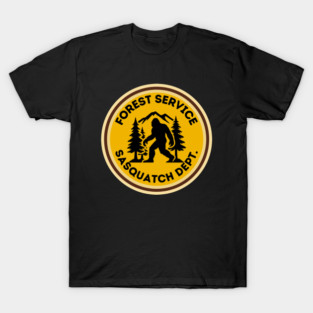 Forest service Sasquatch Department | Bigfoot Research team | Bigfoot Wilderness Badge Parody Logo – Retro Cryptid Adventure Emblem Design T-Shirt