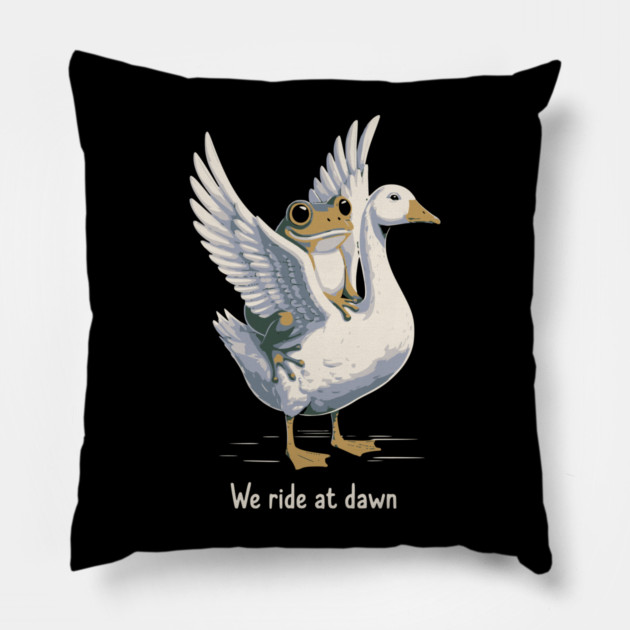 We Ride at Dawn – Funny Frog Riding Goose Chaotic Animal Meme Pillow by ArtistTee ⭐⭐⭐⭐⭐