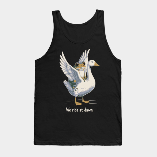 We Ride at Dawn – Funny Frog Riding Goose Chaotic Animal Meme Tank Top by ArtistTee ⭐⭐⭐⭐⭐
