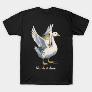 We Ride at Dawn – Funny Frog Riding Goose Chaotic Animal Meme T-Shirt