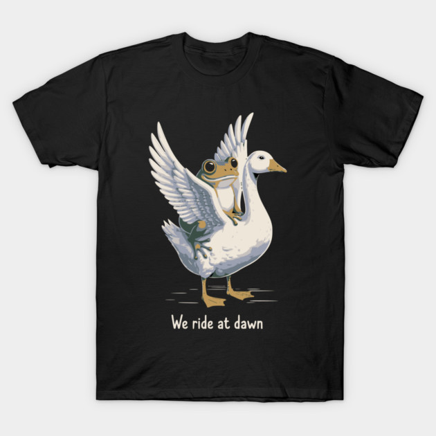 We Ride at Dawn – Funny Frog Riding Goose Chaotic Animal Meme T-Shirt by ArtistTee ⭐⭐⭐⭐⭐