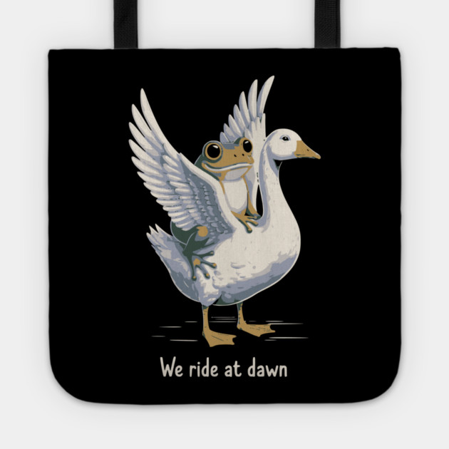 We Ride at Dawn – Funny Frog Riding Goose Chaotic Animal Meme Tote by ArtistTee ⭐⭐⭐⭐⭐