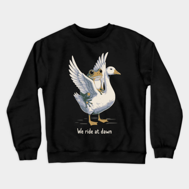 We Ride at Dawn – Funny Frog Riding Goose Chaotic Animal Meme Crewneck Sweatshirt by ArtistTee ⭐⭐⭐⭐⭐
