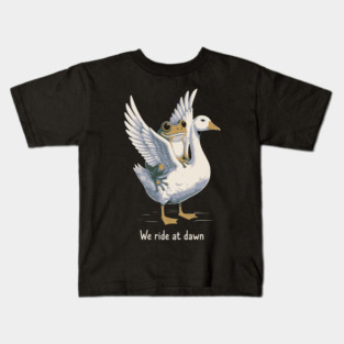 We Ride at Dawn – Funny Frog Riding Goose Chaotic Animal Meme Kids T-Shirt