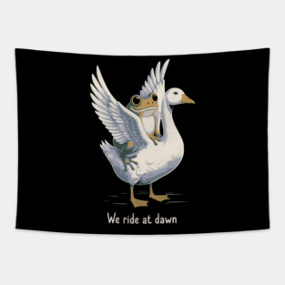 We Ride at Dawn – Funny Frog Riding Goose Chaotic Animal Meme Tapestry