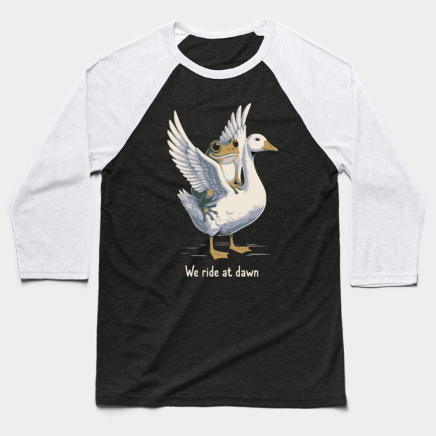 We Ride at Dawn – Funny Frog Riding Goose Chaotic Animal Meme Baseball T-Shirt by ArtistTee ⭐⭐⭐⭐⭐