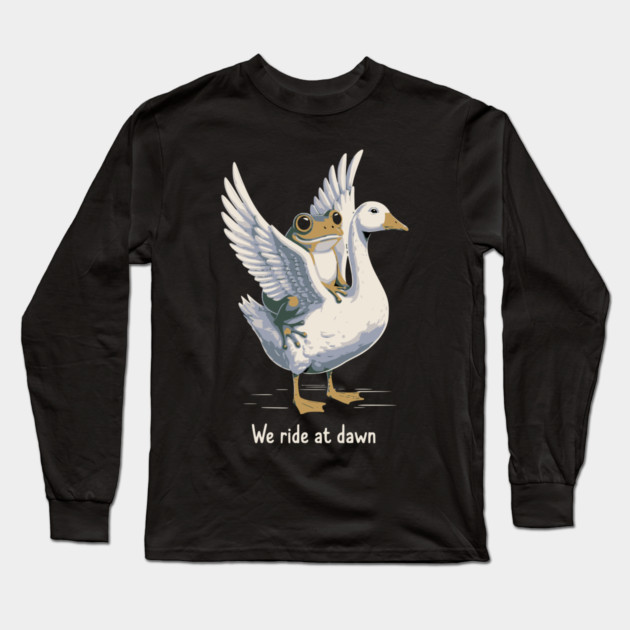 We Ride at Dawn – Funny Frog Riding Goose Chaotic Animal Meme Long Sleeve T-Shirt by ArtistTee ⭐⭐⭐⭐⭐