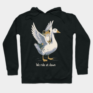 We Ride at Dawn – Funny Frog Riding Goose Chaotic Animal Meme Hoodie