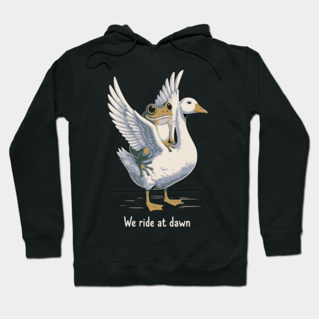 We Ride at Dawn – Funny Frog Riding Goose Chaotic Animal Meme Hoodie by ArtistTee ⭐⭐⭐⭐⭐
