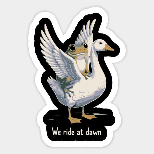 We Ride at Dawn – Funny Frog Riding Goose Chaotic Animal Meme Sticker by ArtistTee ⭐⭐⭐⭐⭐