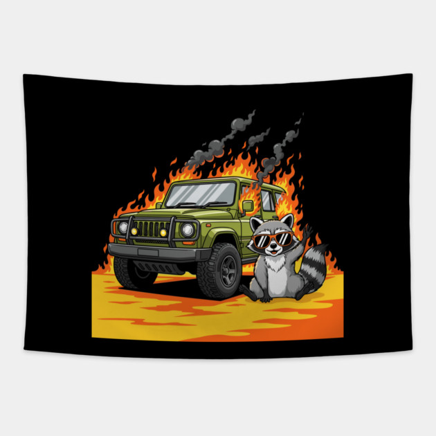 Racoon's Blazing Ride Tapestry by enrynz