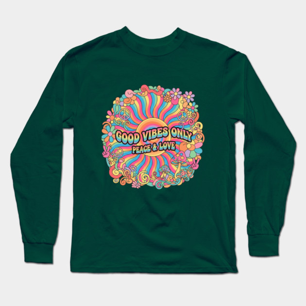 70s Psychedelic Groovy - Good Vibes Only Peace & Love Design Long Sleeve T-Shirt by Vintage Retro Prints by RDR Design