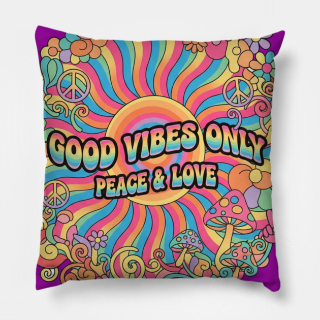 70s Psychedelic Groovy - Good Vibes Only Peace & Love Design Pillow by Vintage Retro Prints by RDR Design