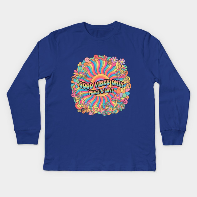 70s Psychedelic Groovy - Good Vibes Only Peace & Love Design Kids Long Sleeve T-Shirt by Vintage Retro Prints by RDR Design