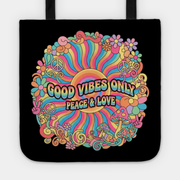 70s Psychedelic Groovy - Good Vibes Only Peace & Love Design Tote by Vintage Retro Prints by RDR Design