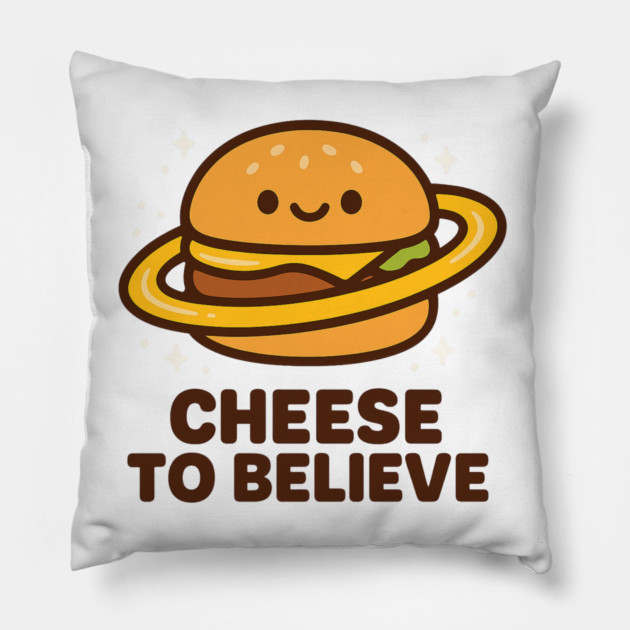 Cheese To Believe – Cute Space Burger Pun | Funny Cosmic Food Tee Pillow by Anne Lee