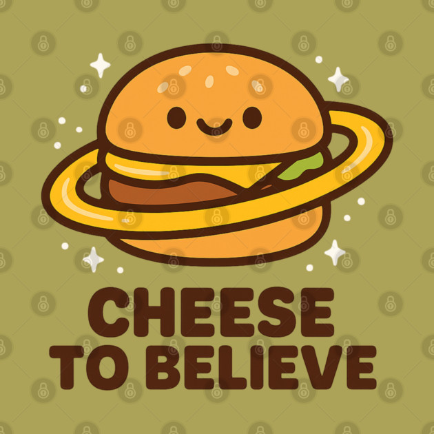 Cheese To Believe – Cute Space Burger Pun | Funny Cosmic Food Tee by Anne Lee