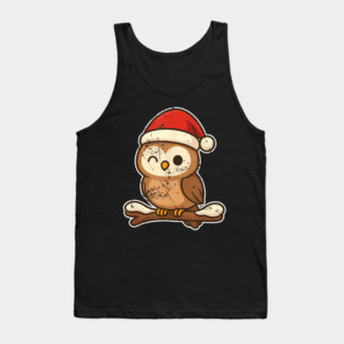 Cute Christmas Owl Holiday Hat Branch Winter Forest Festive Design Tank Top
