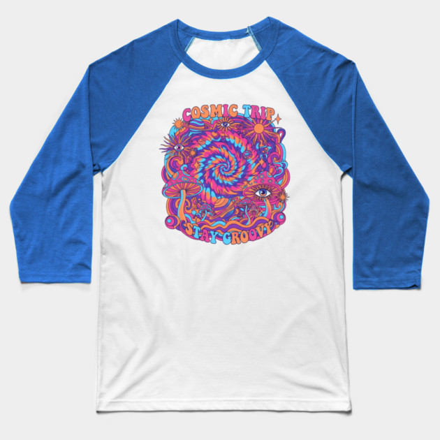 Cosmic Trip Stay Groovy – 70s Psychedelic Mushroom Trippy Retro Design Baseball T-Shirt by Vintage Retro Prints by RDR Design
