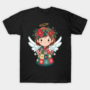 Patchwork Poinsettia Christmas Angel T-Shirt