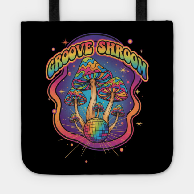 Groove Shroom – Psychedelic Disco Mushroom Art Tote by Vintage Retro Prints by RDR Design