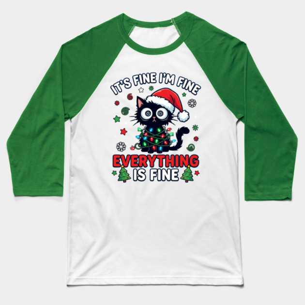 Funny Christmas Cat Chaos Humor Baseball T-Shirt by Creatifly Graphic Tees