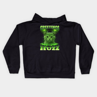 Greetings Huzz Funny Bootleg Huzz Green Alien Cat Meme design Kids Hoodie