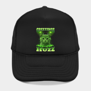 Greetings Huzz Funny Bootleg Huzz Green Alien Cat Meme design Hat