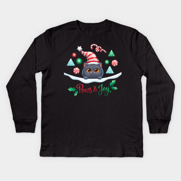 Paws & Joy Holiday Cat Kids Long Sleeve T-Shirt by Creatifly Graphic Tees