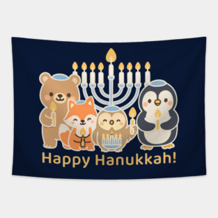 Happy Hanukkah – Cute Animal Menorah Design Tapestry