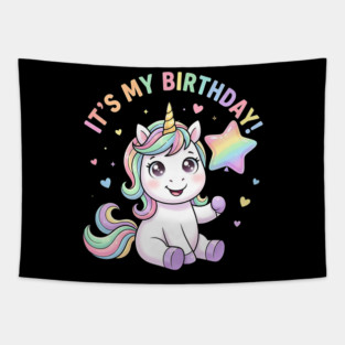 It’s My Birthday Unicorn – Cute Star Balloon Girls Birthday Tapestry