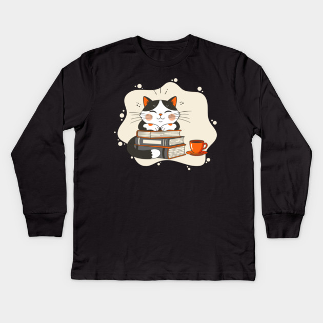 Blissful Bookworm Cat Kids Long Sleeve T-Shirt by enrynz