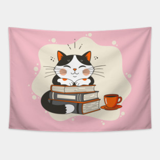 Blissful Bookworm Cat Tapestry