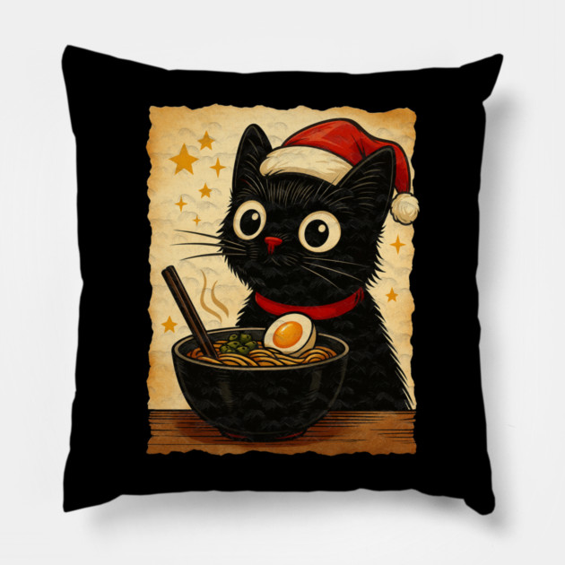 Funny Christmas Cat Ramen | Cute Holiday Noodle Lover Cat Pillow by Db Printed