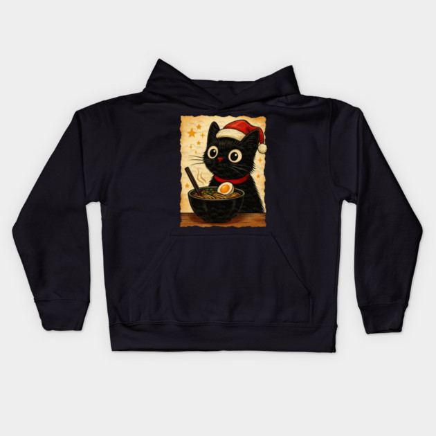 Funny Christmas Cat Ramen | Cute Holiday Noodle Lover Cat Kids Hoodie by Db Printed